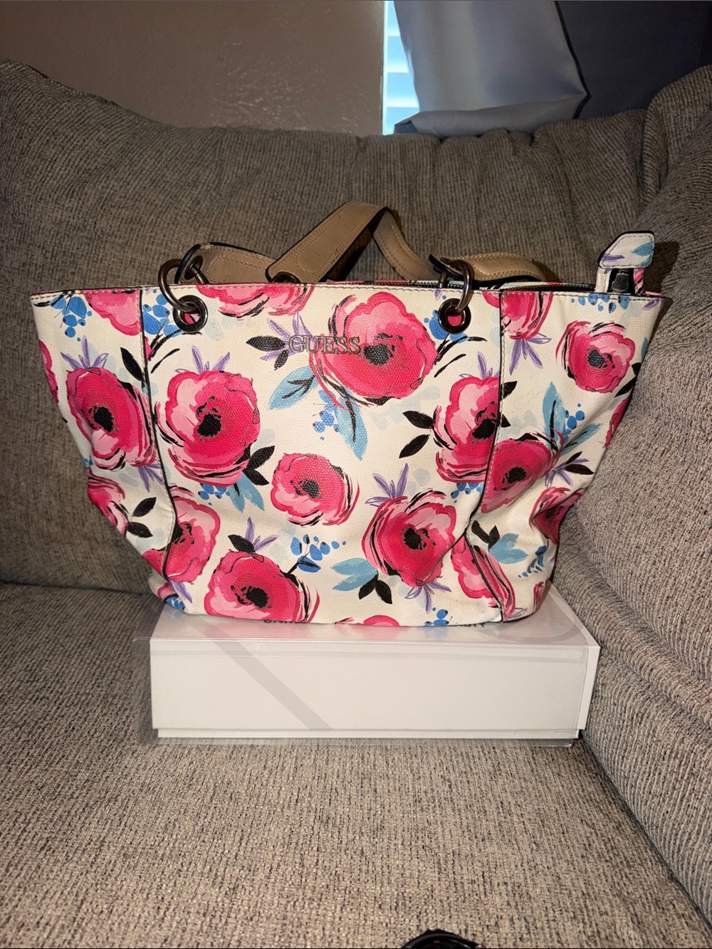 GUESS White Tote with Pink Floral Print